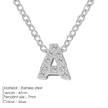 Silver stainless steel letter A necklace with cubic zirconia paving and 45cm chain - Letter A / Silver