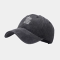 Detail of washed charcoal grey baseball cap with printed cross and inspirational text - Adjustable / Black