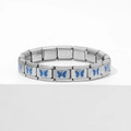 Detail of blue butterfly charms on modular stainless steel link bracelet with metal texture - 0196-silver-edged Blue Butterfly (1 Section)