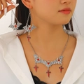 Gothic bat and red cross necklace set worn by model on a professional white background - 04 Antique Silver Bat H-236 (Two-piece Set)