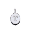 Close-up of oval stainless steel pendant with letter T on white shell inlay - Steel Letter T