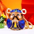 Sparkling rhinestones and blue enamel Q-version God of Wealth metal keychain pendant - Royal Blue God of Wealth