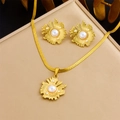 Gold-plated stainless steel jewelry set with radial sunflower pearls and ear studs - Sunflower Pearl Jewelry Set (N3192 E6211)