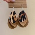 Close-up of triple-layer teardrop earrings with leopard print and golden metallic texture - Waterdrop - Brown