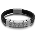 Men's black braided leather bracelet with wavy silver stainless steel magnetic clasp - 21cm / Silver Color (KB151035-KFC)