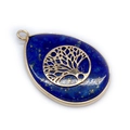 Detail of teardrop lapis lazuli pendant with gold Tree of Life metal overlay and bail - No.5-Tree of Life