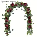 Artificial eucalyptus garland with red peonies for wedding arch and table backdrop - 1.8m / Burgundy