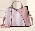 Chic pink and white striped handbag with golden circular handle and pearl heart charm - Large Grid Pink