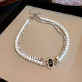 Collier double rang perles et strass avec pendentif nœud noir sur un plateau - Nœud ovale noir perle double couche argent (85# Collier-6mm)