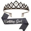 Black birthday girl sash with silver text and matching rhinestone tiara set - Black Script Birthday Girl Set