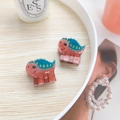 Pink translucent mini dinosaur hair claw clip with colorful blue and yellow spikes - Ankylosaurus (Pair)