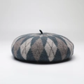 Classic argyle wool beret featuring navy blue and grey plaid pattern for winter - Blue