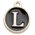 Golden round pendant with black enamel inlay and letter L for DIY jewelry making - Letter L / 1 Piece (12x14mm) / Black