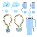 Detailed set of blue cloud silicone straw covers and floral butterfly charm chains for tumblers - Blue Series Cloud Butterfly Set