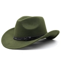 Detail of army green wool felt fedora featuring a black leather band and metal buckle - M (56-58cm) Adjustable / Army Green