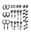 Men's punk stainless steel earring set in black and silver with cross and hoop charms - Black Silver Punk Mixed Set (36009)