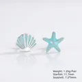 Asymmetric S925 silver light blue starfish and shell stud earrings for women - Starfish Shell Stud Earrings / Blue