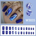 Blau marmorierte Kunstnägel zum Aufkleben mit Silberfolie und mattem Finish Set - Blau Marmor Goldstreifen (W3035)