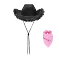 Set festa western con cappello da cowboy nero piumato e bandana rosa stampata - Set 2 Pezzi Piume Nere Filo d'Argento