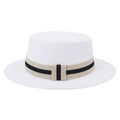 Cappello boater bianco in lana con nastro decorativo a righe beige e nero - Taglia Unica 58cm Circonferenza / Bianco
