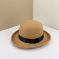 Classic camel wool felt bowler hat with black grosgrain ribbon and curled brim for unisex - Adjustable M (56-58cm) / Camel