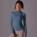 Detailed side view of women's navy blue hooded sports jacket with thumbholes and zip pocket - S / Dark Blue