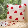 Christmas tufted pillow cover featuring a red Santa hat design on cream chenille fabric - Loop Canvas Christmas Hat