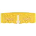 Yellow elastic wide belt with woven faux leather front and silver metal interlocking buckle - Yellow