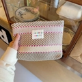 Striped woven cosmetic bag in beige and brown with pink accents and sozakka beauté label - Brown Stripe