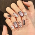 Faux ongles œil de chat violet foncé avec motifs de papillons scintillants et paillettes - XS / Style Carré Rond (2935-Nouveau Style Chinois)