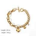 18k gold plated stainless steel chunky chain bracelet with heart charms and OT toggle clasp - Double Heart OT Buckle Thick Chain Bracelet (TB5030)