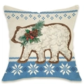 Christmas pillowcase with polar bear, pine needles and red berries on linen - Blue Polar Bear
