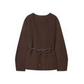 Chic dark brown V-neck knitted cardigan with matching waist belt and bow detail - S / Coffee
