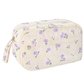 Detail of floral corduroy pouch with dual zipper closure and side carrying handle - Purple Floral