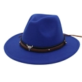 Detail of navy blue felt fedora featuring a leather band with silver cow skull accent - Sapphire Blue