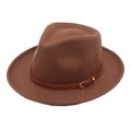 Detail of brown wool fedora hat with a leather band and golden metal buckle decoration - One Size (With Yellow Belt) / Light Coffee (Heart Roll Edge)