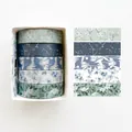 5-roll floral washi tape set featuring elegant blue and green botanical patterns - Spring Blossoms-7