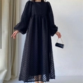 Detailed texture of black long sleeve dress with unique bubble bubble fabric and puffed sleeves - S / Black