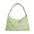 Quilted light green nylon shoulder bag with diamond stitching and wide strap on white background - Yellow