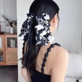 Floral print oversized bow hair claw clip with black ribbons in chiffon style - Black Floral