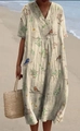 Short sleeve beige floral print long dress in loose fit with bird patterns and V-neck - S / Top And Bottom / Off White