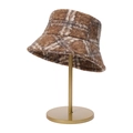 Brown plaid plush bucket hat displayed on a gold stand with warm fleece texture - M (56-58cm) / Khaki Plaid