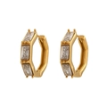 Gold plated stainless steel hexagonal hoop earrings with clear baguette zircon stones - White Zircon