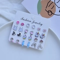Set di 15 paia di orecchini a lobo con animali e forme geometriche su carta bianca - Set dolce da 15 paia (E0818-1)