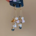 Floral tassel drop earrings with blue crystal teardrops and white resin flowers - Gold Multicolor (52#)