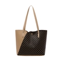 Fashionable beige leather tote bag with brown geometric pattern and slim straps - Khaki Pattern