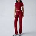 Women's casual deep red two-piece set with short sleeve top and drawstring pants - S / Burgundy