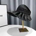 Fashionable black sun visor hat with rhinestone accents and wide wavy brim design - M (56-58cm) / Black