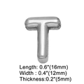 Detailed view of silver T-letter charm with precise dimension measurements in mm and inches - Silver T