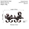Vintage squirrel cast iron wall hook with 4 hangers in dark brown bronze finish - Squirrel Cast Iron 4-Hook 8356